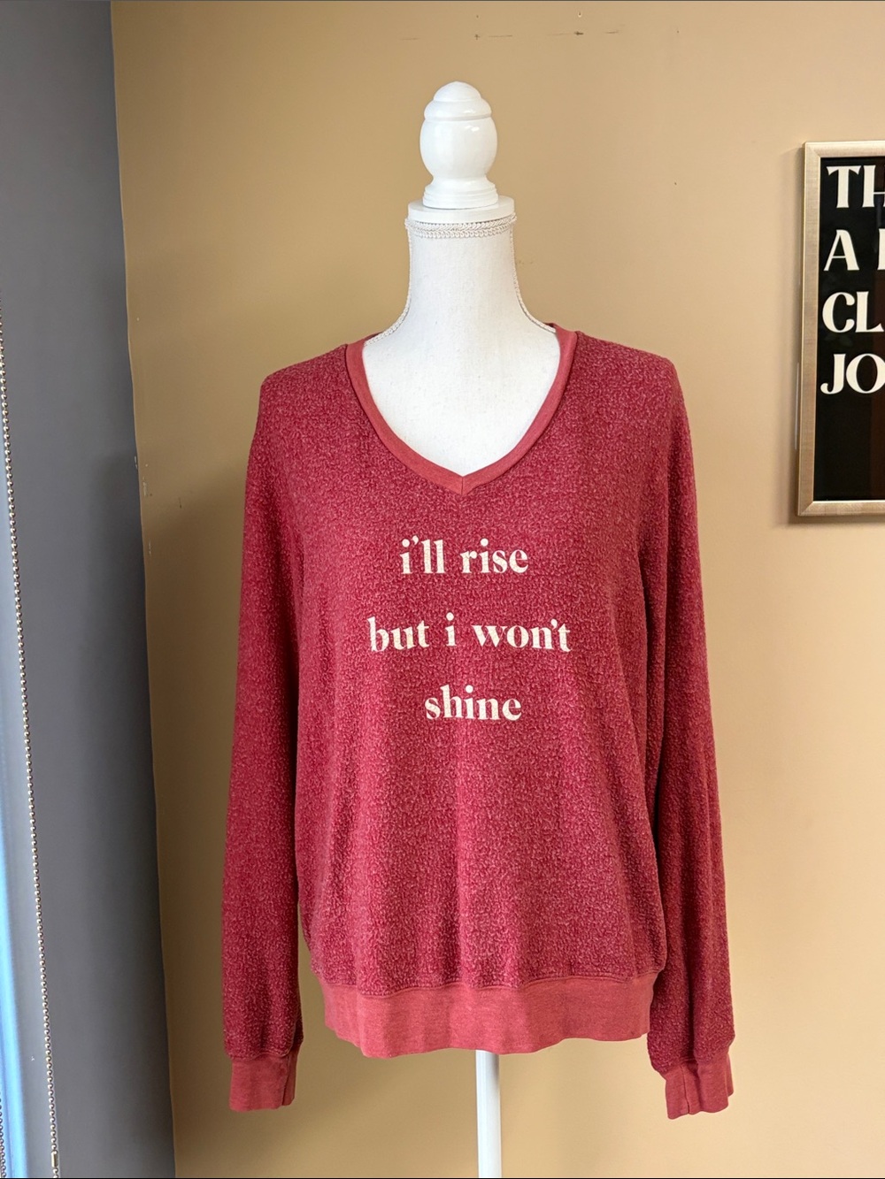 Wildfox Red Graphic V-Neck Sweatshirt - "i'll rise but i won't shine"